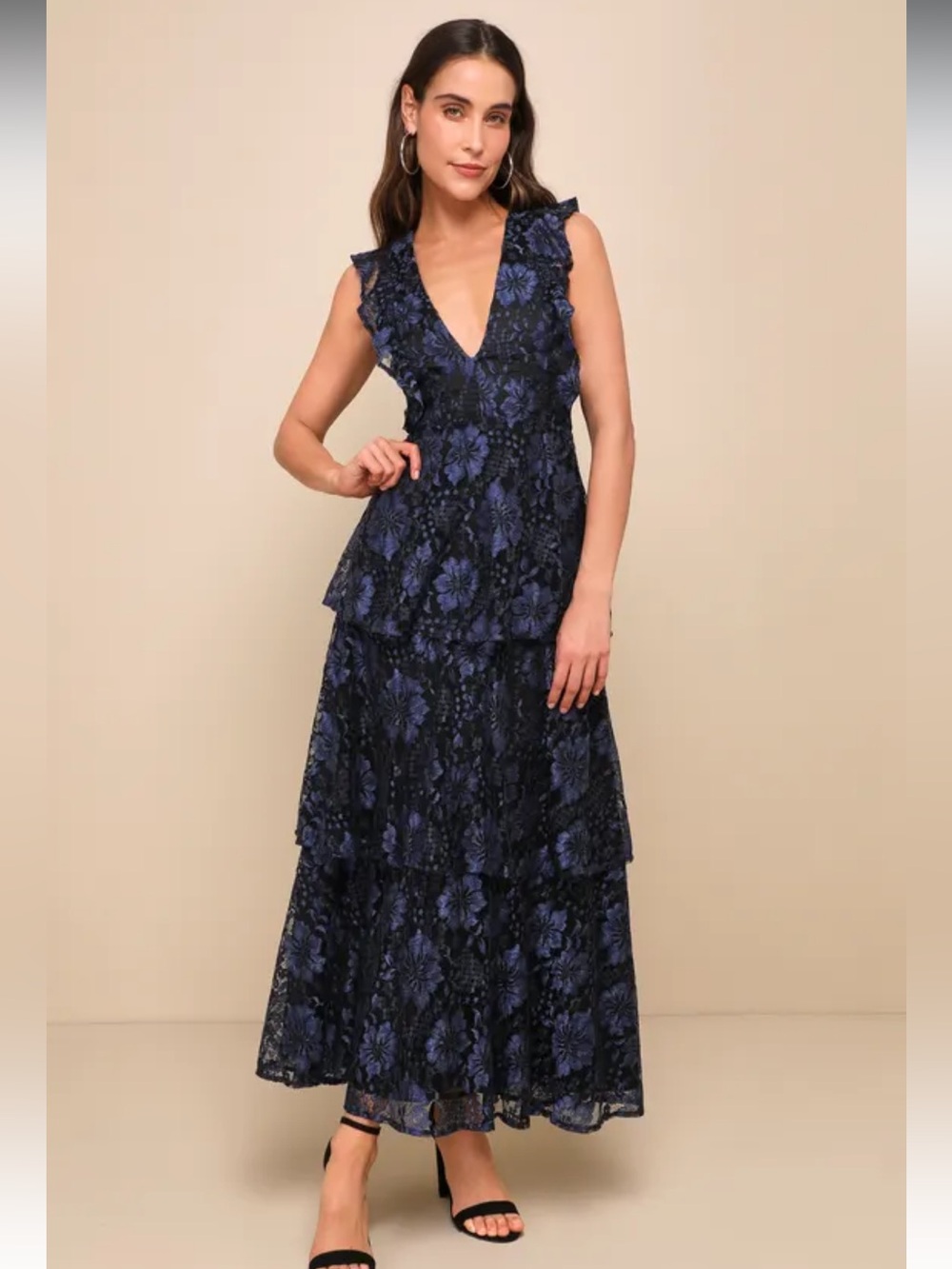 Lulu’s Molinetto Navy Blue Lace Ruffled Tiered Sleeveless Maxi Dress